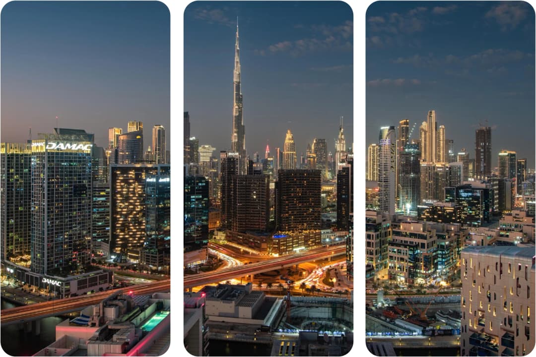 Dubai skyline at night with Burj Khalifa and city lights