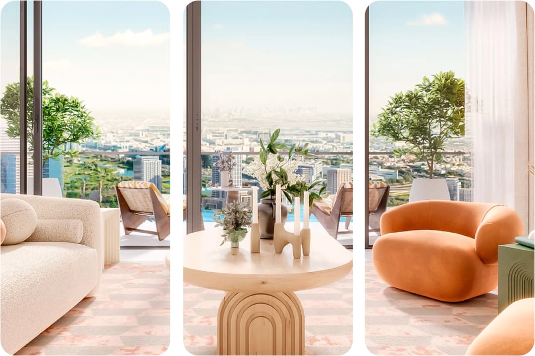Elegant living room with a view of the city skyline