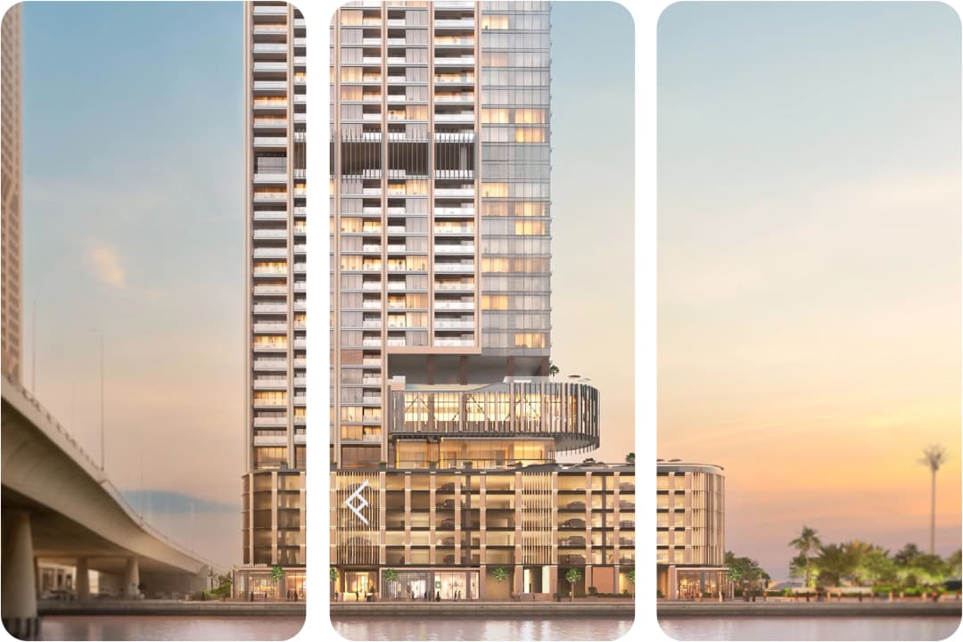 Modern waterfront tower with luxurious design and sunset view