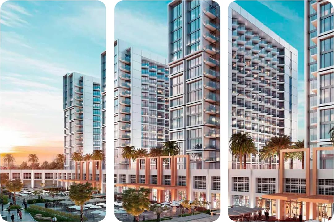 Modern high-rise residential towers with retail spaces below