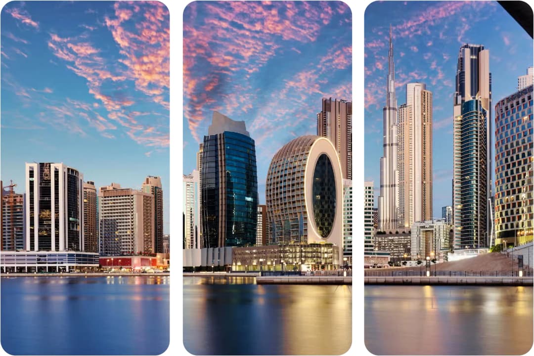Dubai skyline at dusk with colorful clouds