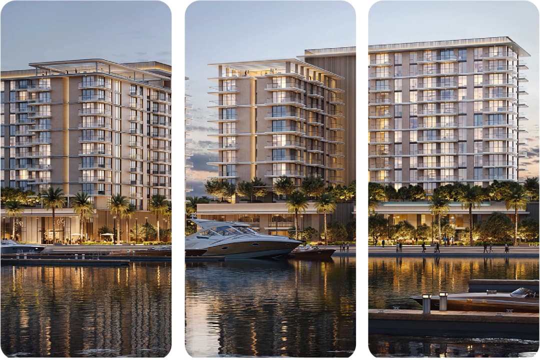 Luxury waterfront apartments and marina at dusk