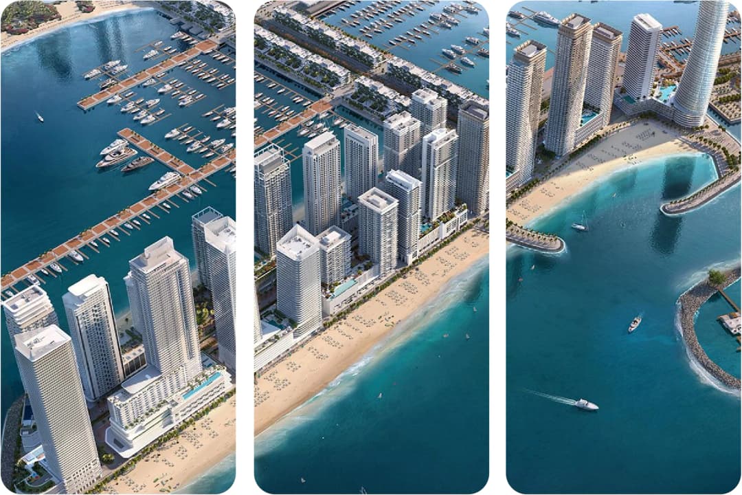 Aerial view of luxury waterfront city with beaches and marinas