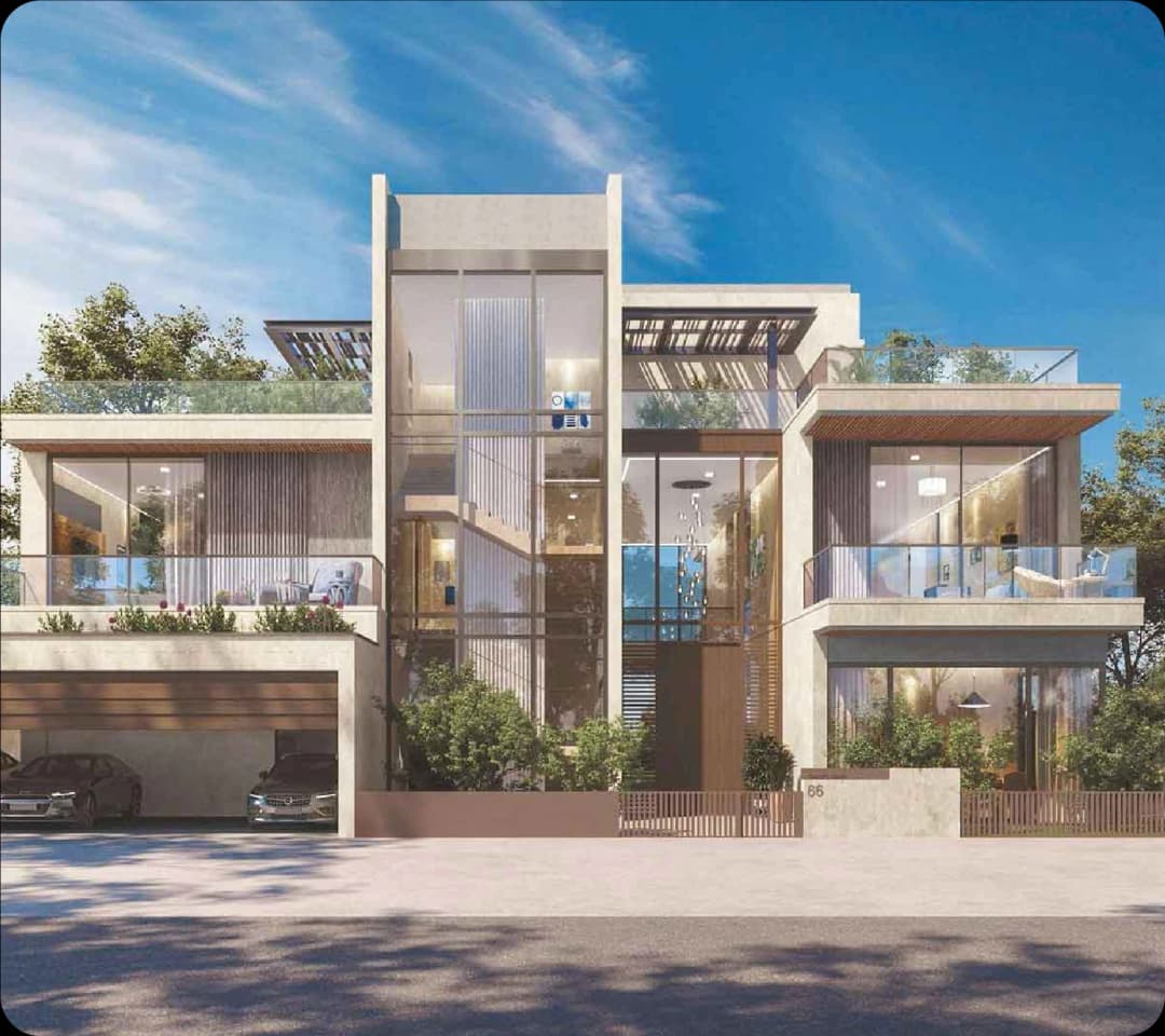 Modern multi-story house with glass walls and balconies