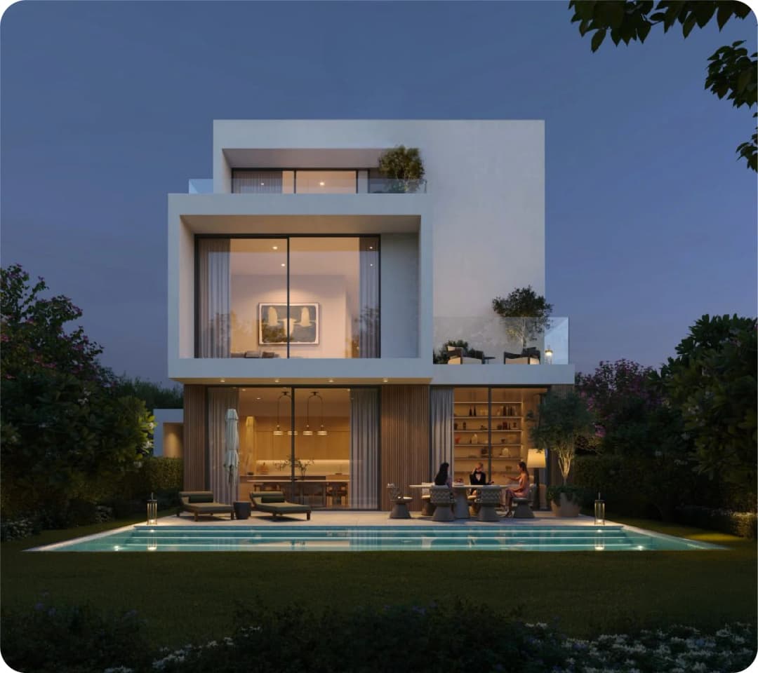 Modern house with a pool and people outside at night