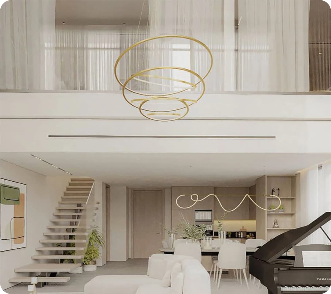 Modern duplex interior with elegant decor and chandeliers