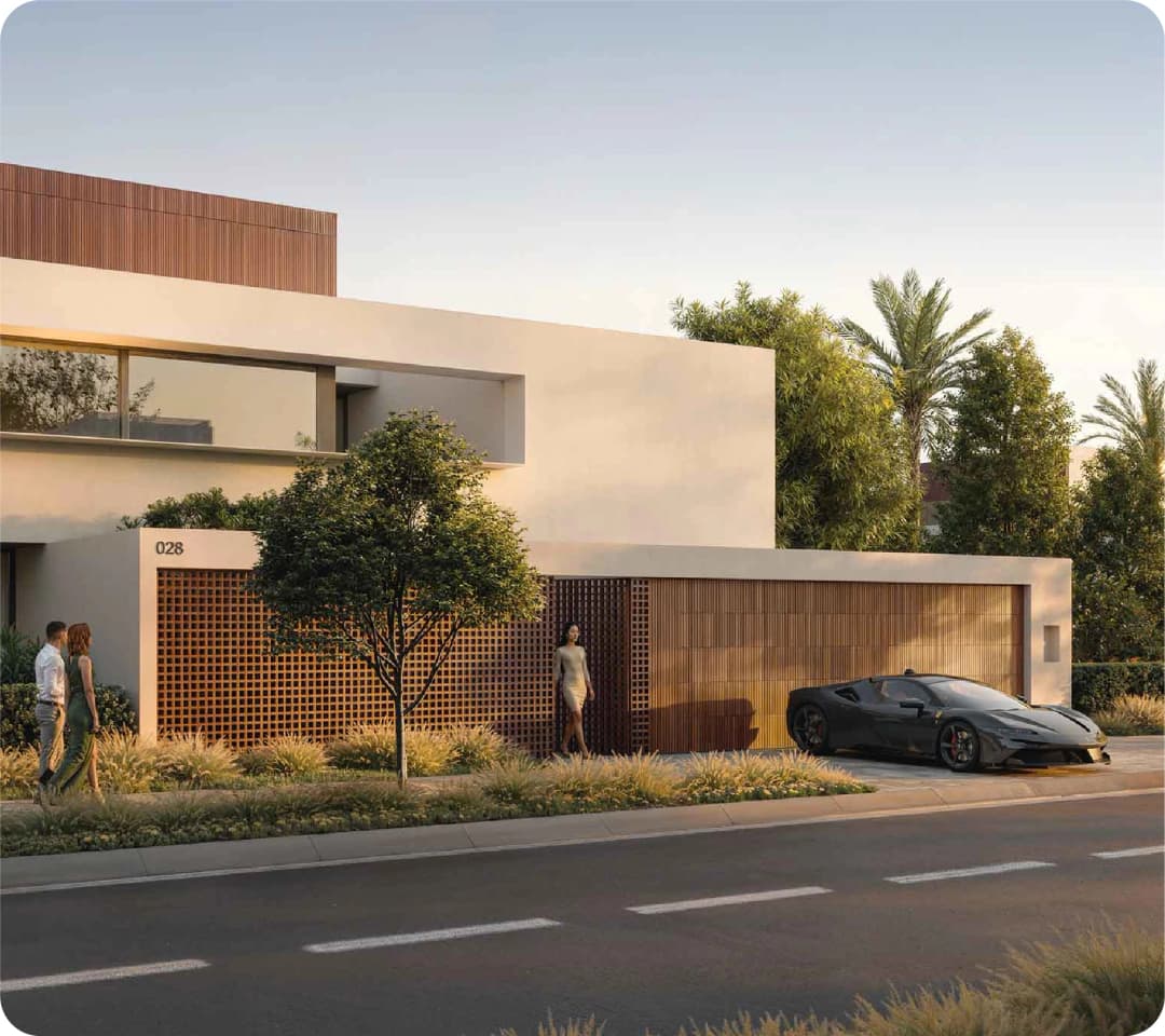 Modern house with a car and people standing outside