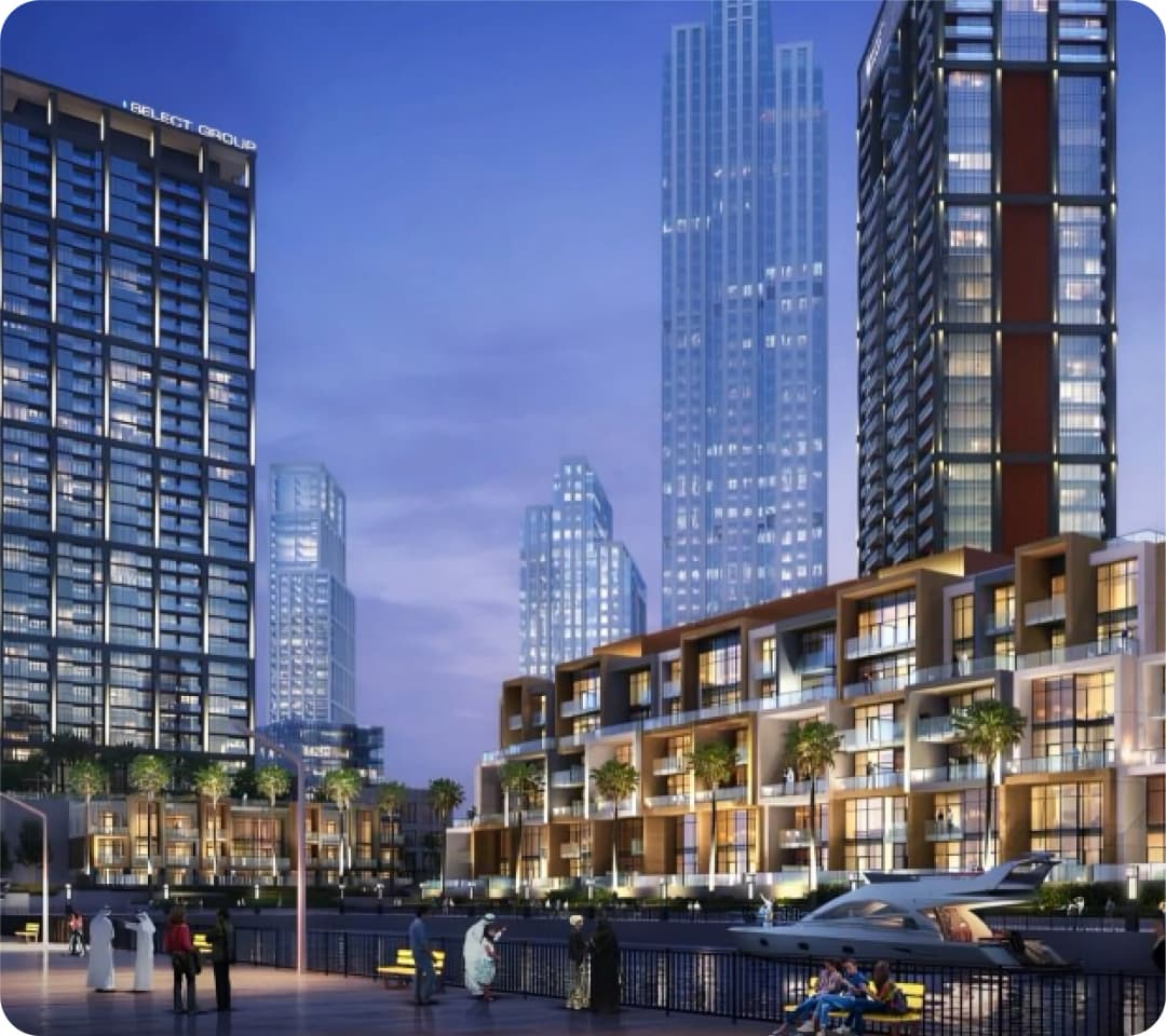 Luxury duplexes by the water in Downtown Dubai at night