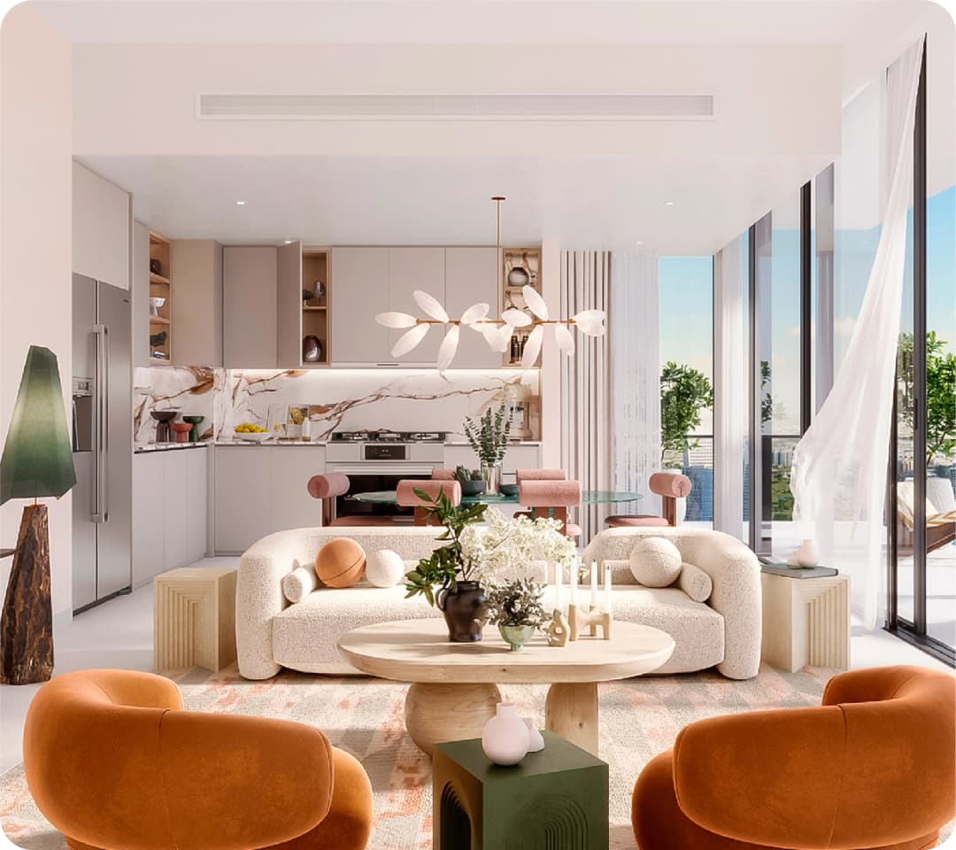 Modern living room with kitchen and large windows