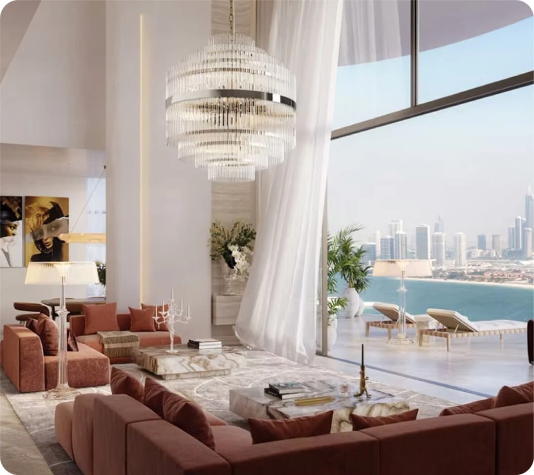 uxurious living room with chandelier and city views