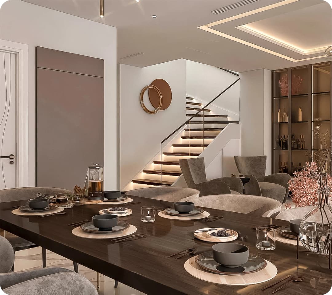 Elegant dining area with stairs and modern decor