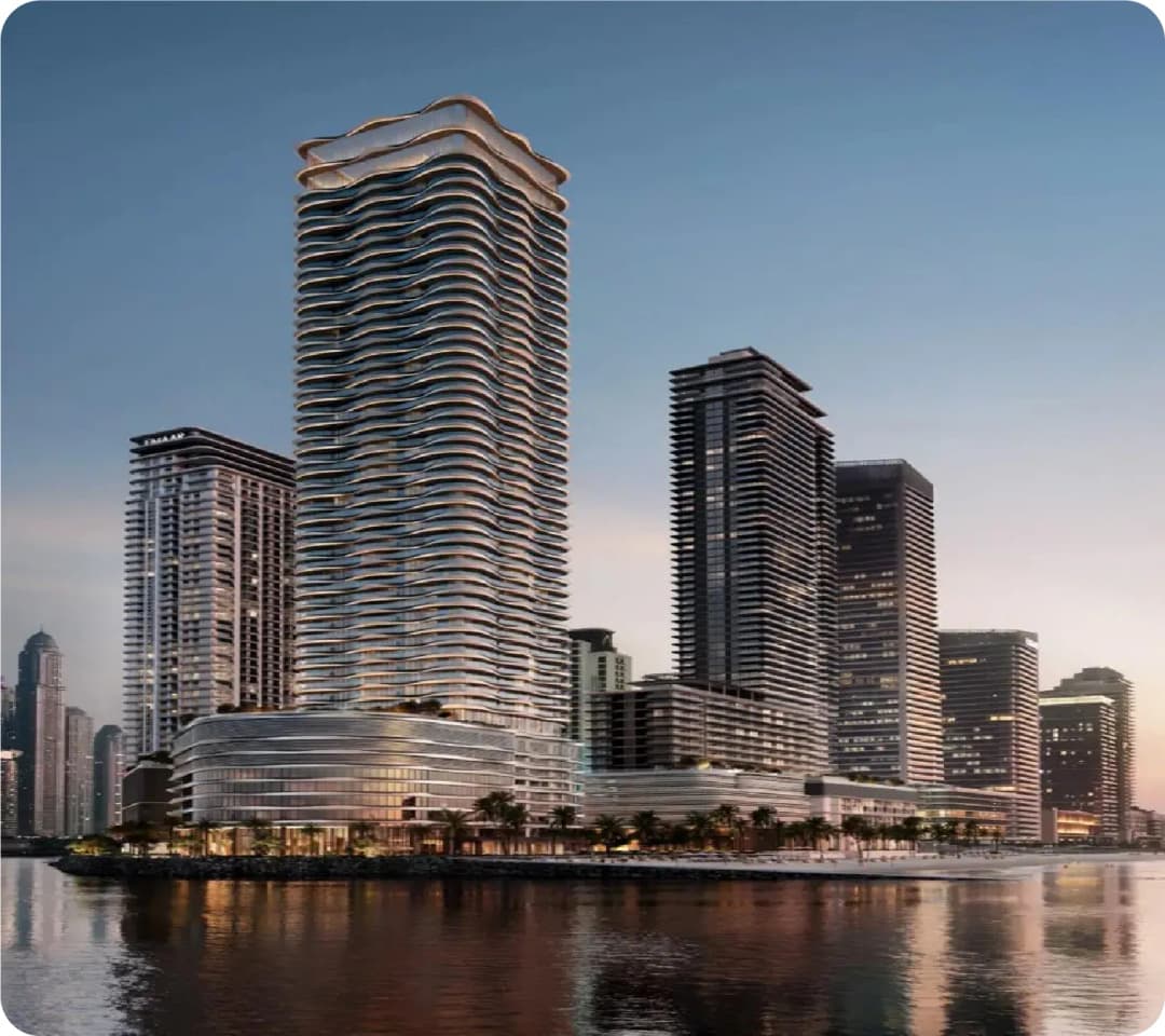 Modern waterfront high-rise buildings at twilight