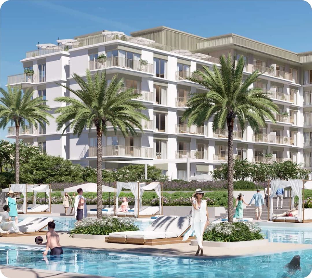 Sunridge by Emaar: White buildings, pool, palm trees