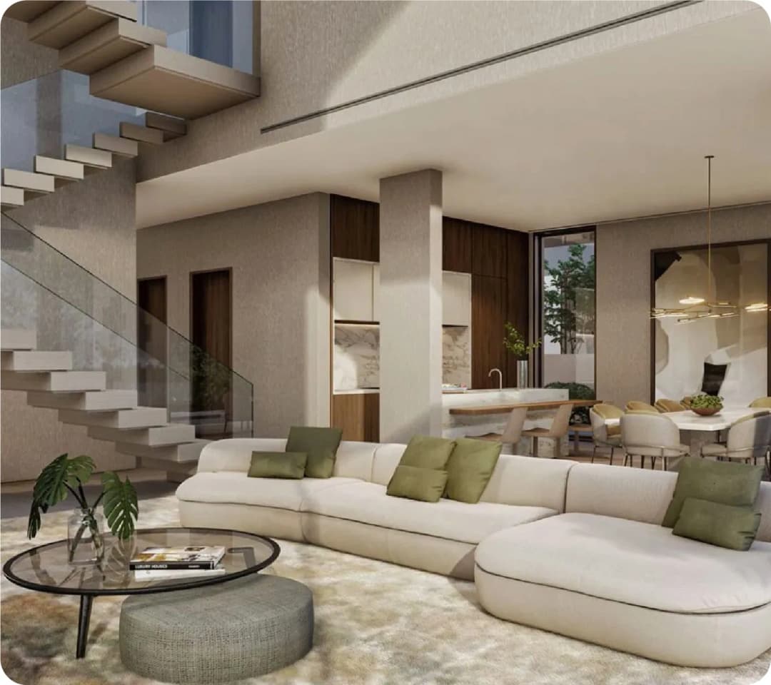 Modern living room with stairs and large windows