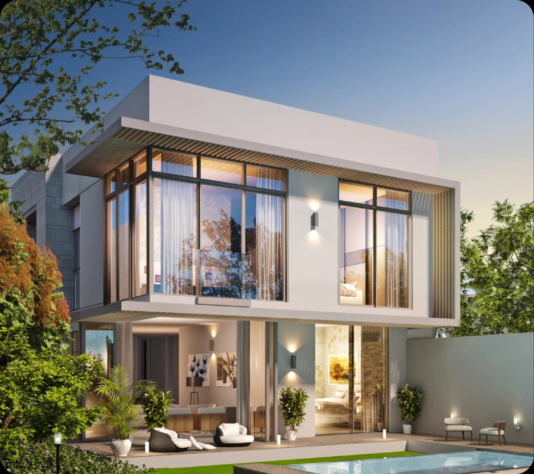 Modern two-story villa with large windows and a pool