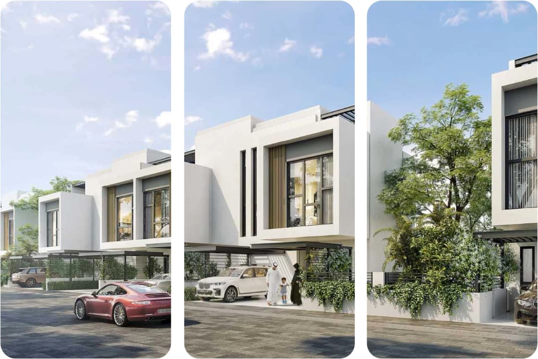 Elegant white townhouse with a carport and greenery