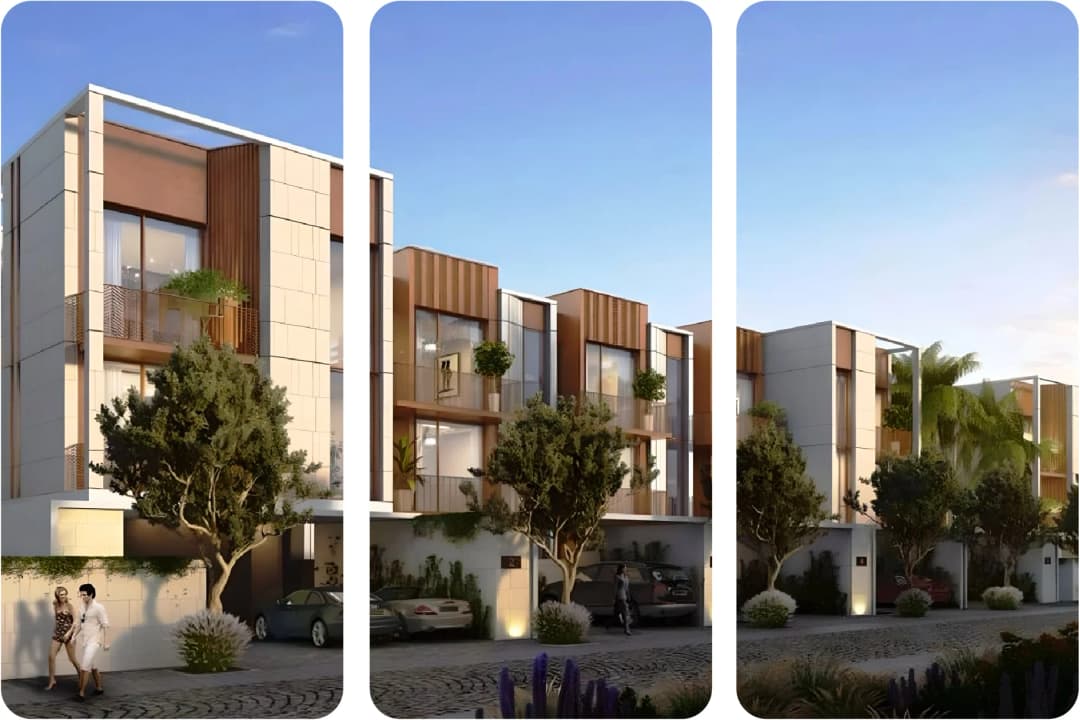 Stylish townhouse complex with contemporary architecture and greenery