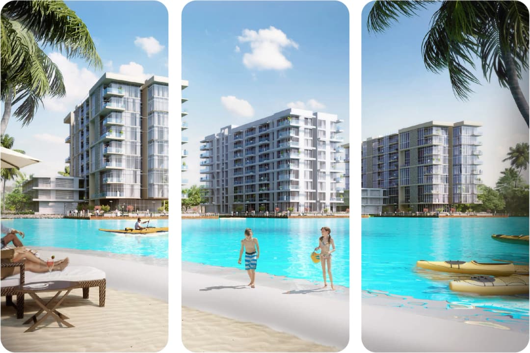 Beachfront apartments with clear blue water and outdoor activities