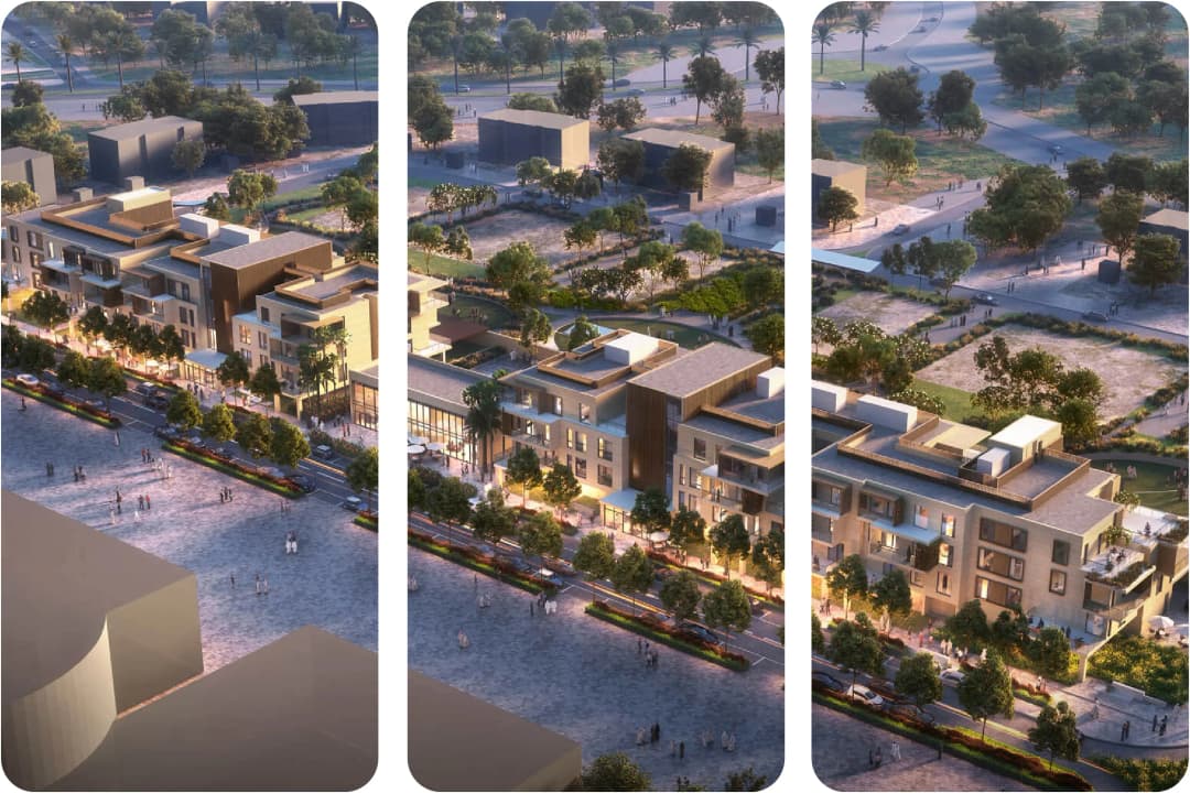 Aerial view of a vibrant residential and commercial area