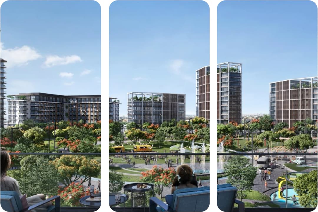 Modern apartment buildings with a park and children’s play area