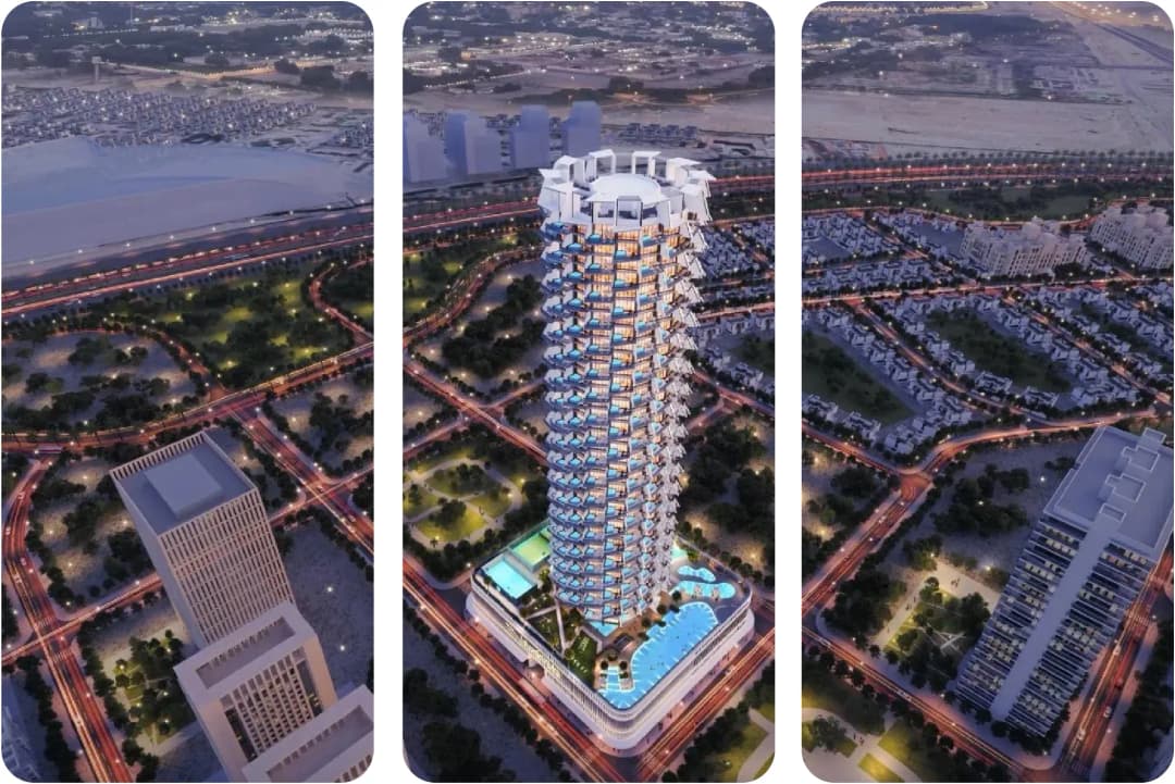 Aerial view of a luxury residential tower with pools and cityscape