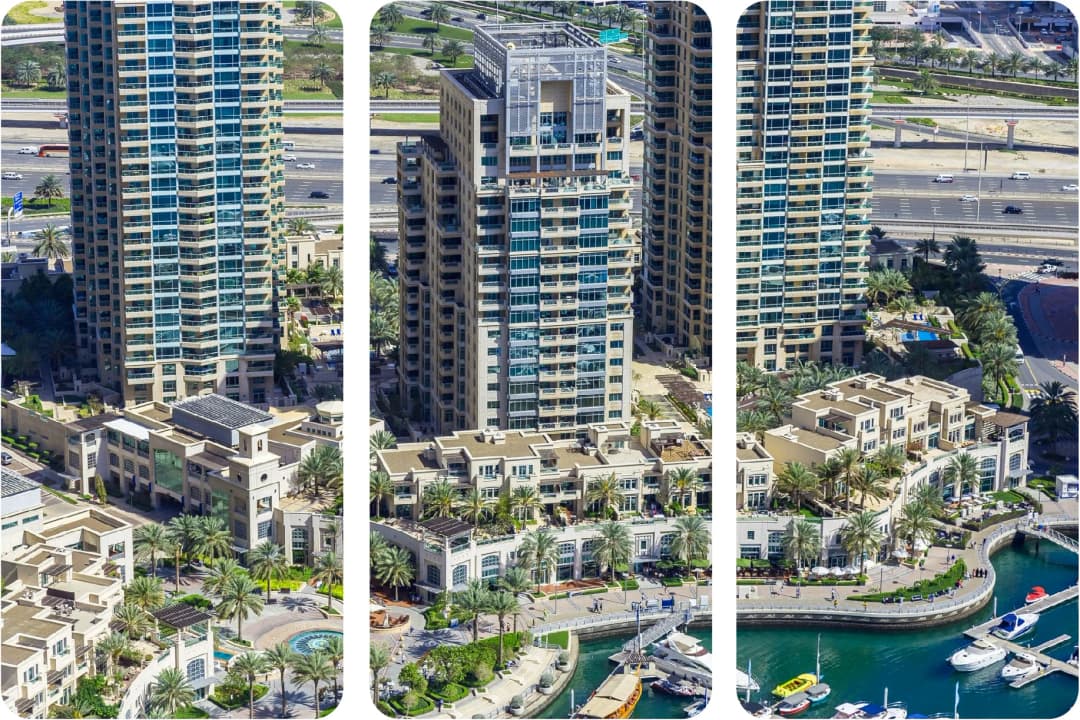 Aerial view of luxury apartments and marina