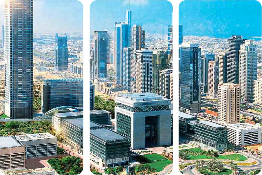 Aerial view of Dubai city with tall buildings and skyline