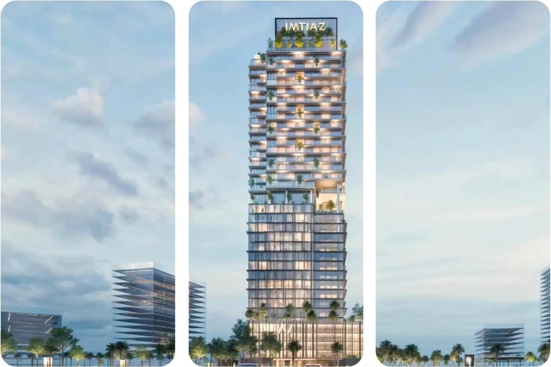 Modern high-rise building with curved balconies at sunset