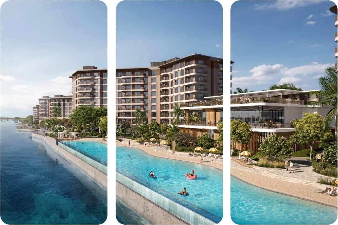 Waterfront resort with pools and modern buildings