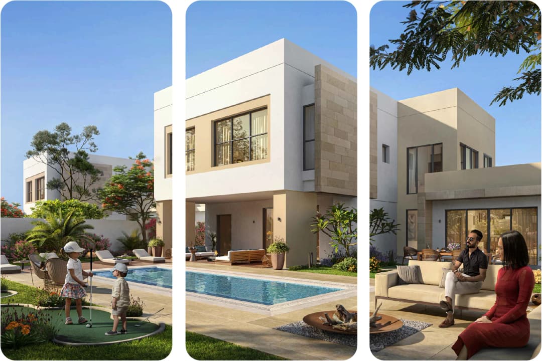 Modern villas with pools, mini-golf, and outdoor lounge