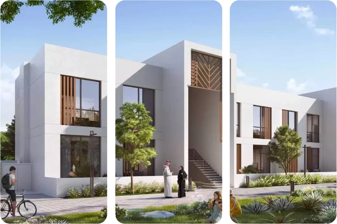 Three views of a contemporary villa with landscape