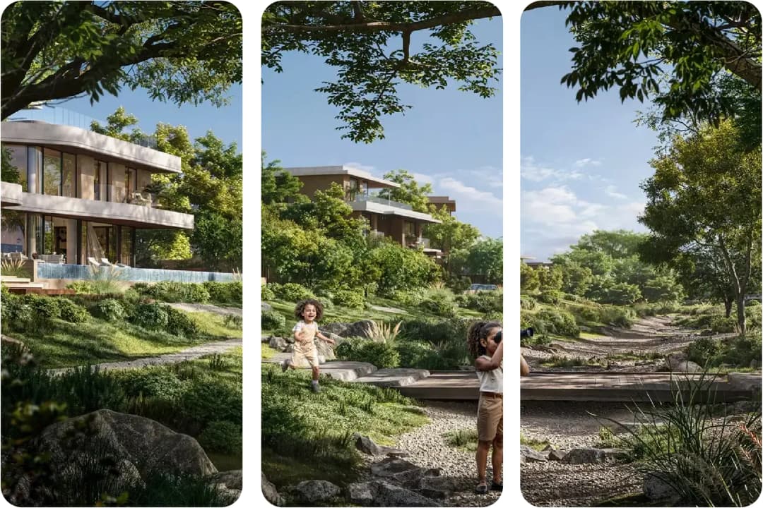 Three scenic views of luxurious villas with greenery