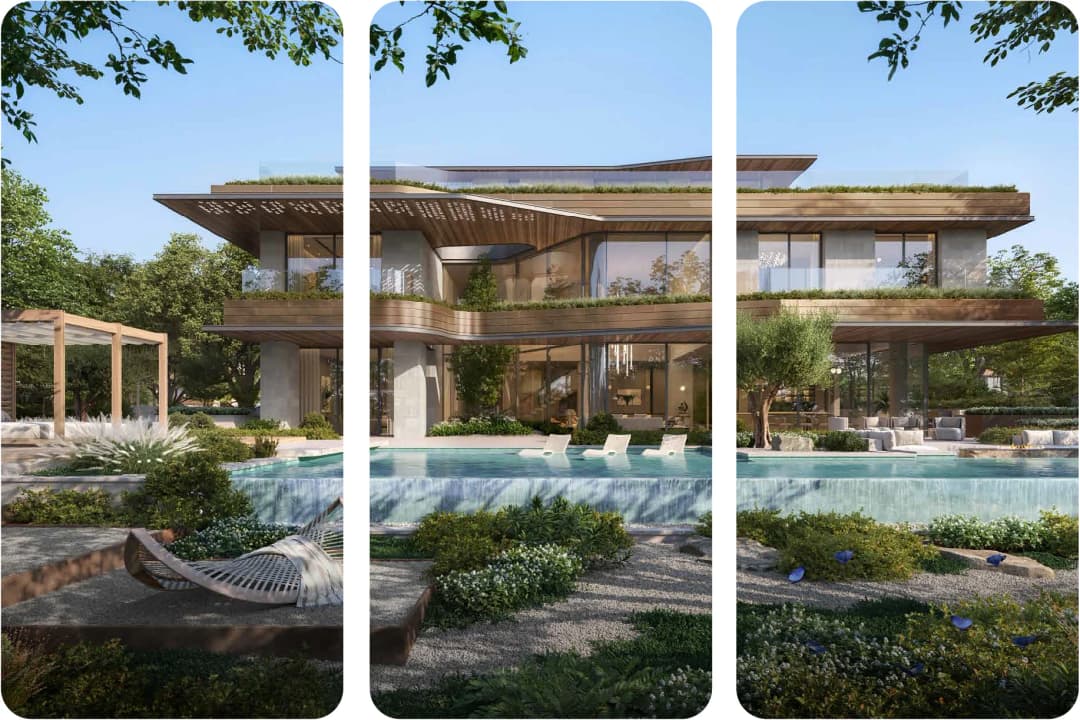 Luxury villa with poolside, lounge area, and garden view