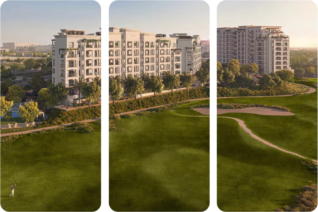 Modern apartments overlook a lush green golf course