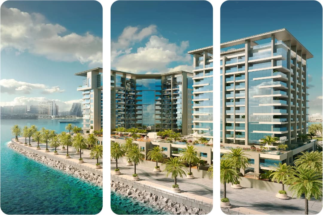 A modern waterfront residence with balconies and palm trees