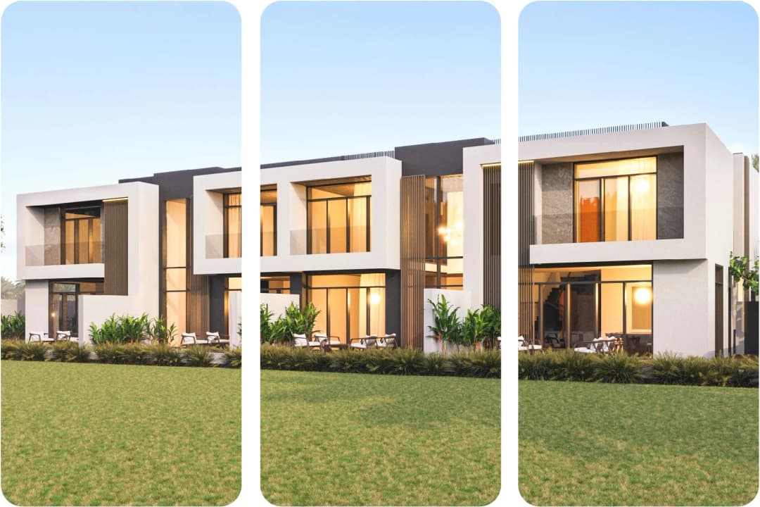 Modern white townhouses with large windows