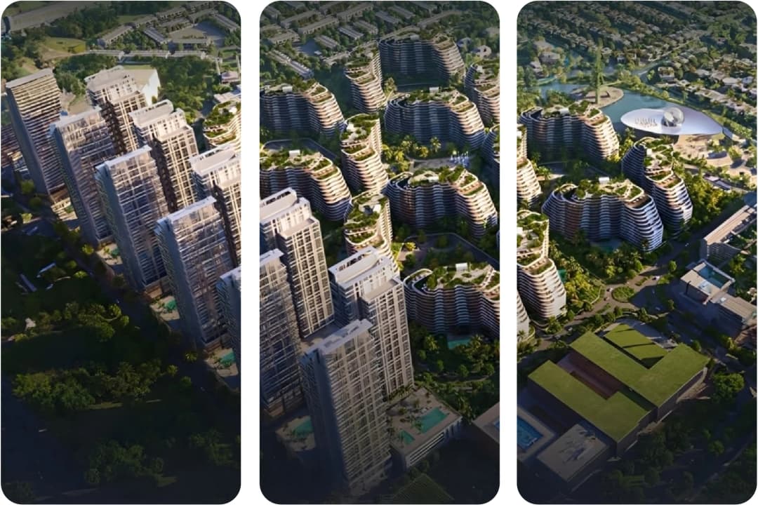 Modern residential buildings with greenery on their roofs
