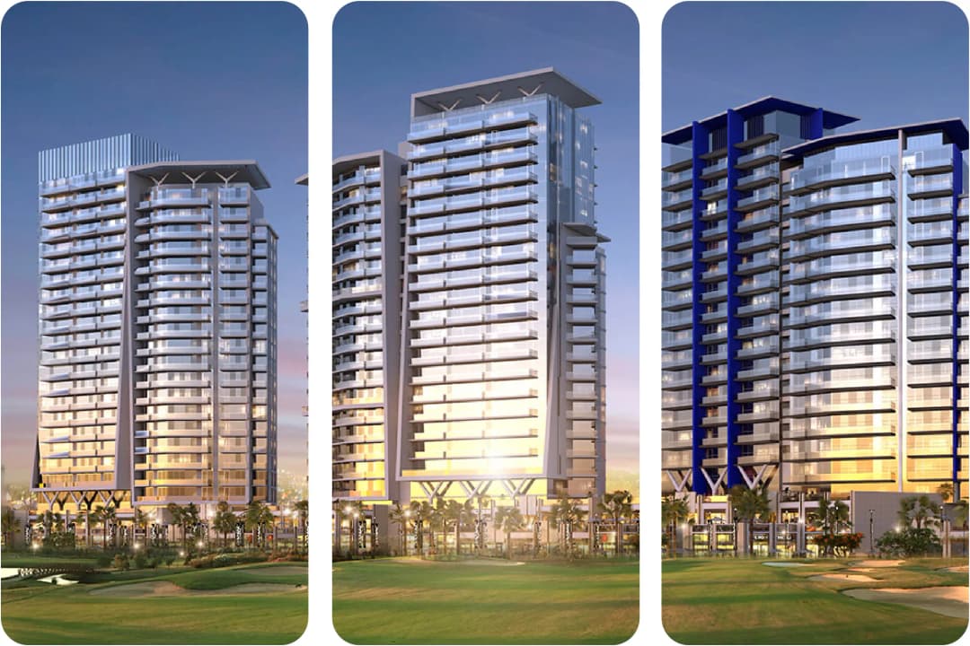 Luxury high-rise apartment buildings with sunset view