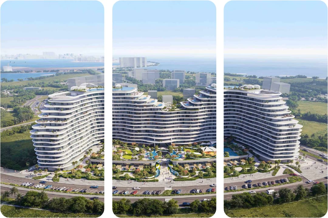 Modern architectural towers with scenic ocean views