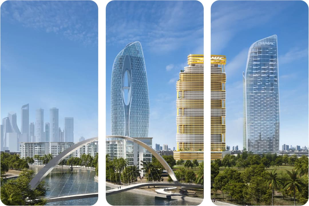 Aerial view of futuristic buildings and bridges with clear blue skies