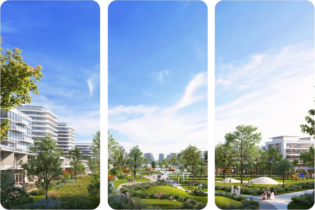 Scenic view of a well-designed residential community with green parks and walking paths