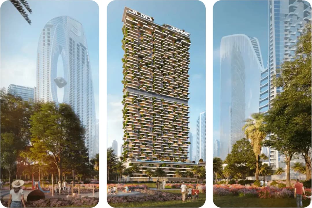 Architectural view of luxury residential towers with green landscaping
