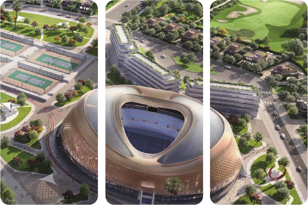 Aerial view of modern sports facilities, apartments, and stadium