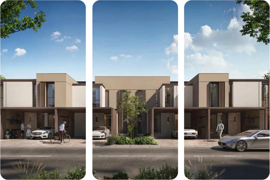 Row of modern townhouses with cars and people
