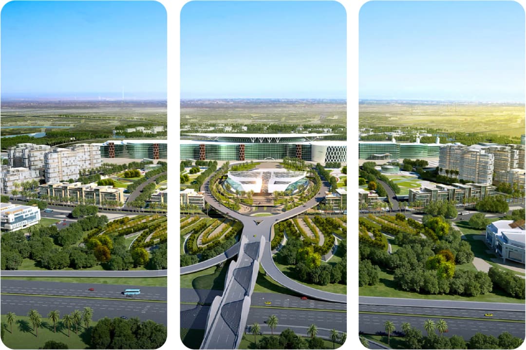 Aerial view of a futuristic urban development project.