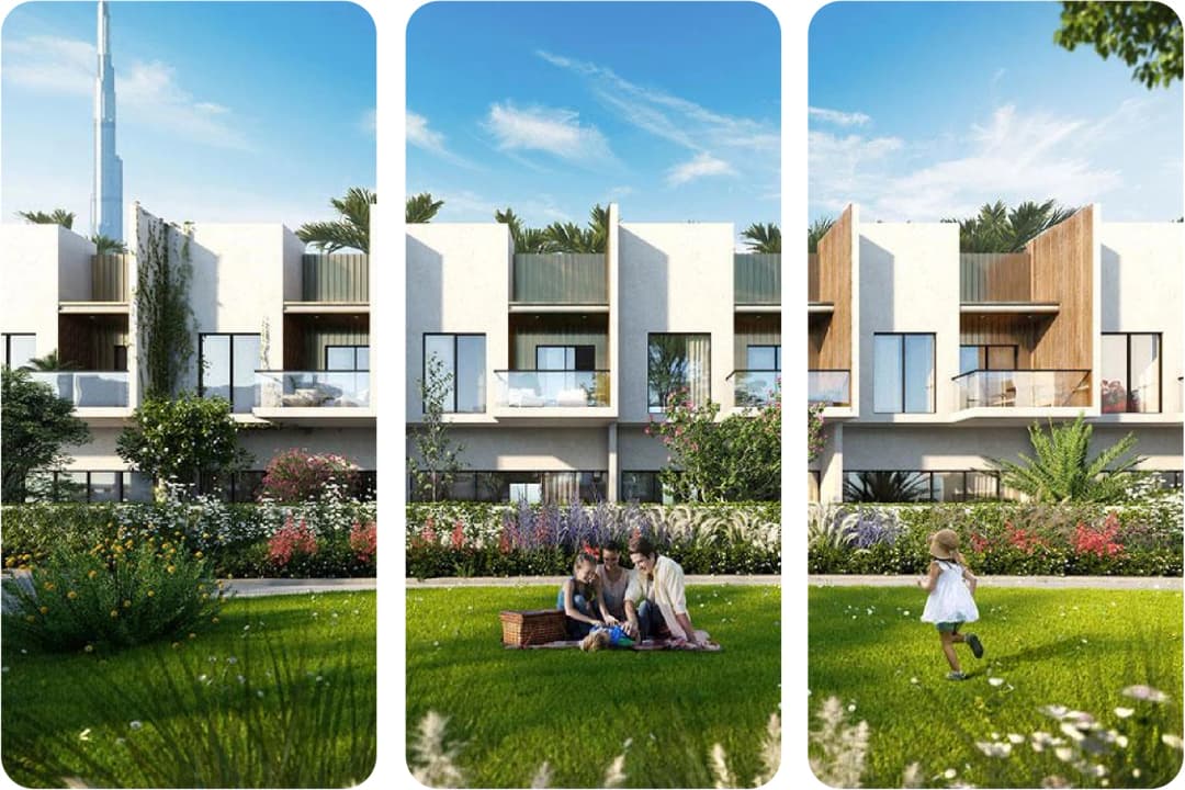 Family enjoying a picnic near townhouses in Meydan City