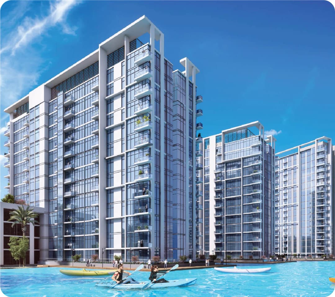 Modern apartments with glass facades and waterfront view