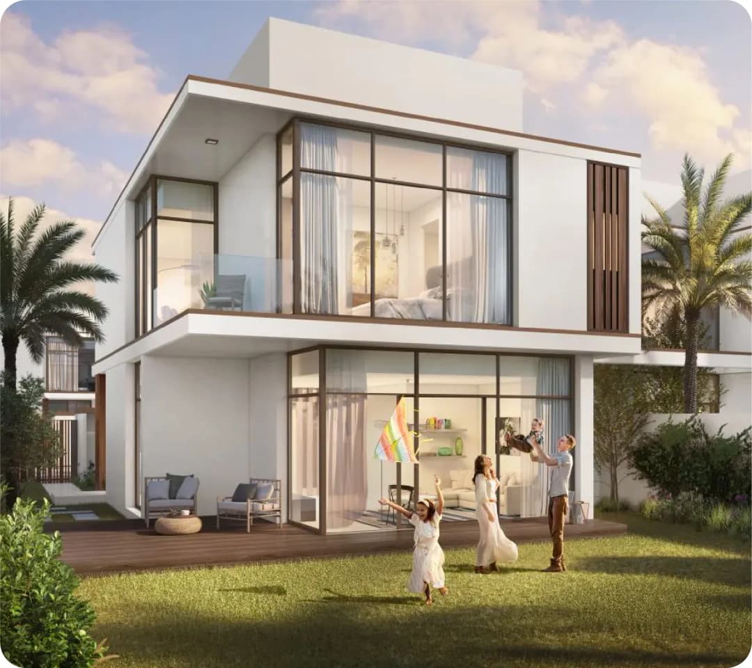 Modern house with family playing outside in garden