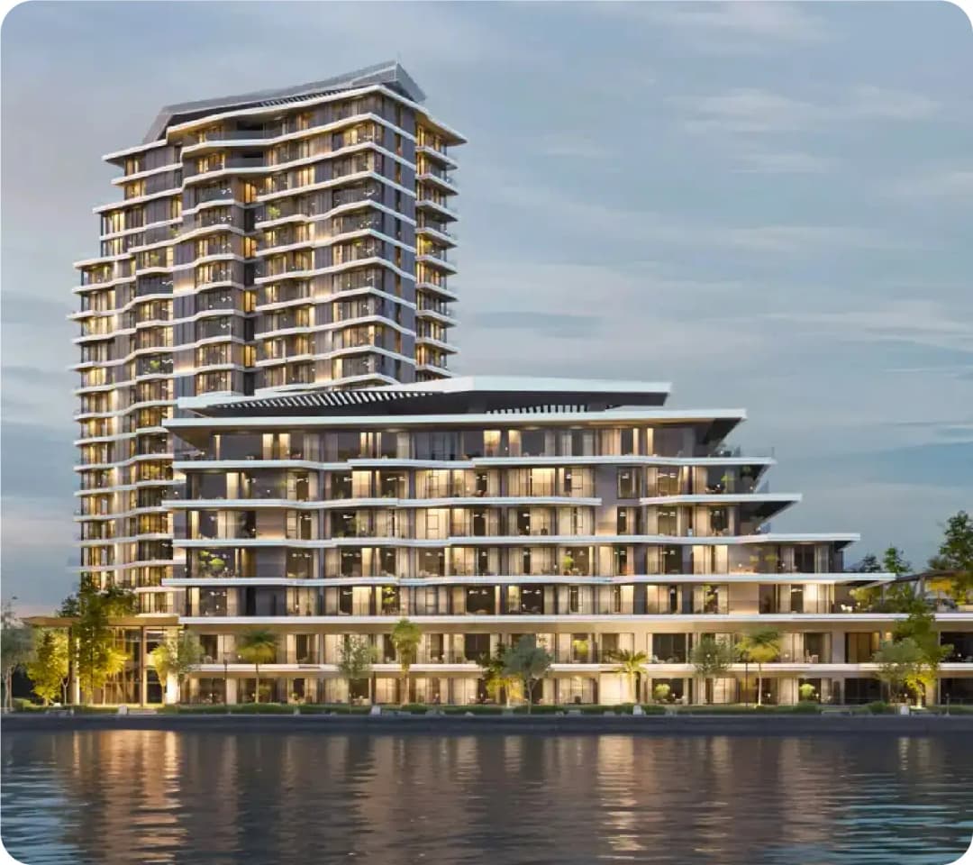 Luxury waterfront residential tower with modern architecture