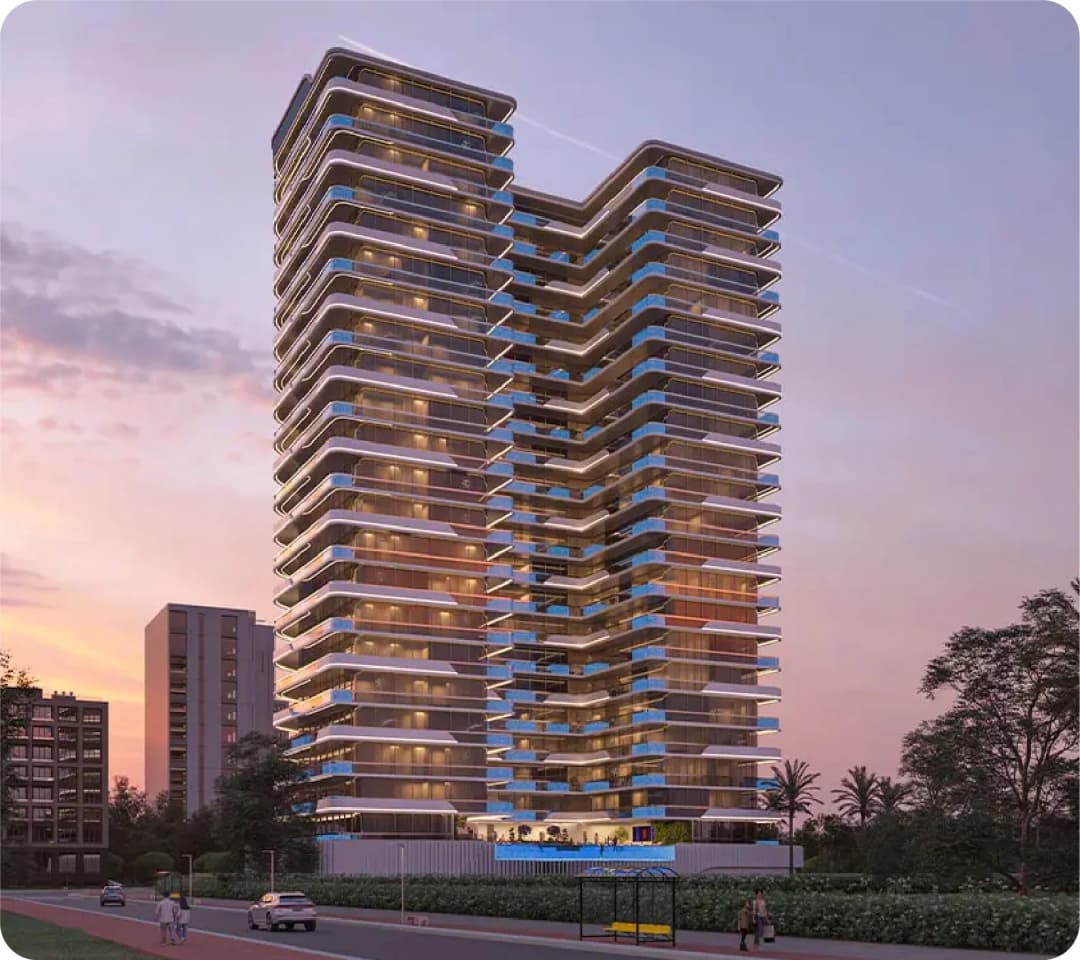 Modern high-rise building with curved balconies at sunset